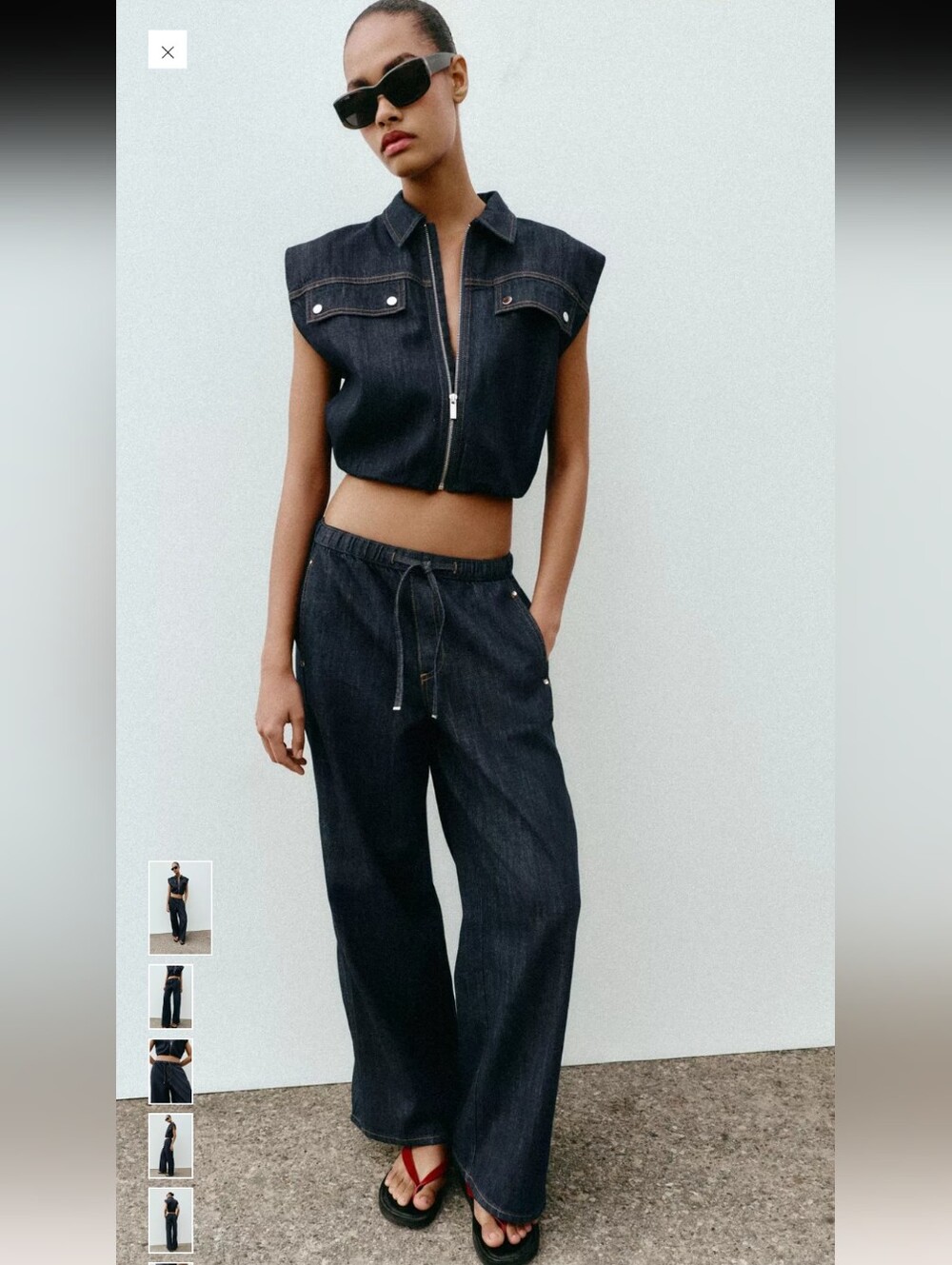 Zara Dark Blue Wide-Leg Drawstring Jeans 100% Cotton